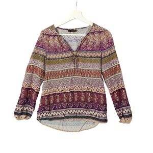 Crosby Paisley‎ Peasant V-Neck Bishop Sleeve Boho Cottage Top Purple Womens M